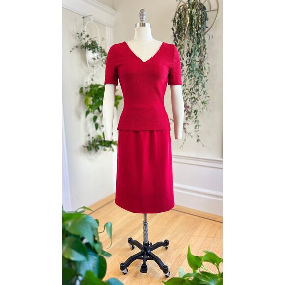 Vintage 1950s Knit Set 50s Red Wool Sweater Top Skirt Matching Two Piece - Picture 3 of 8